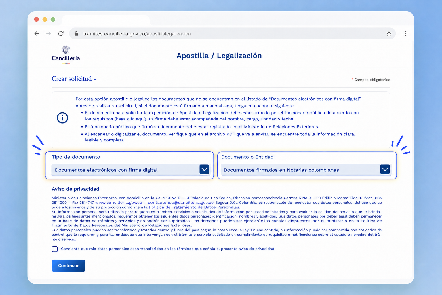 Seleccionar Documentos electrónicos con firma digital en el portal de la Cancillería