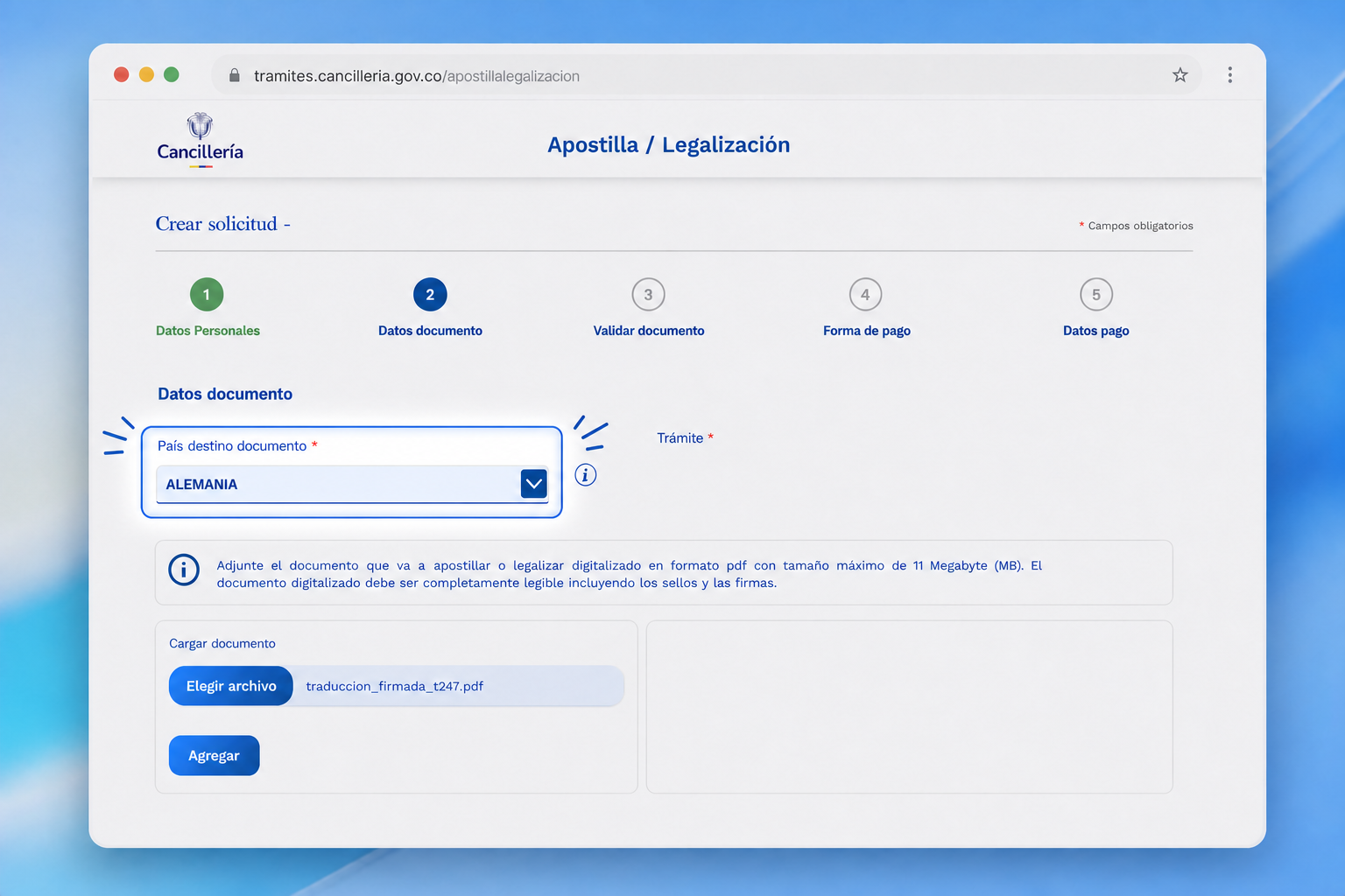 Seleccionar país de destino del documento