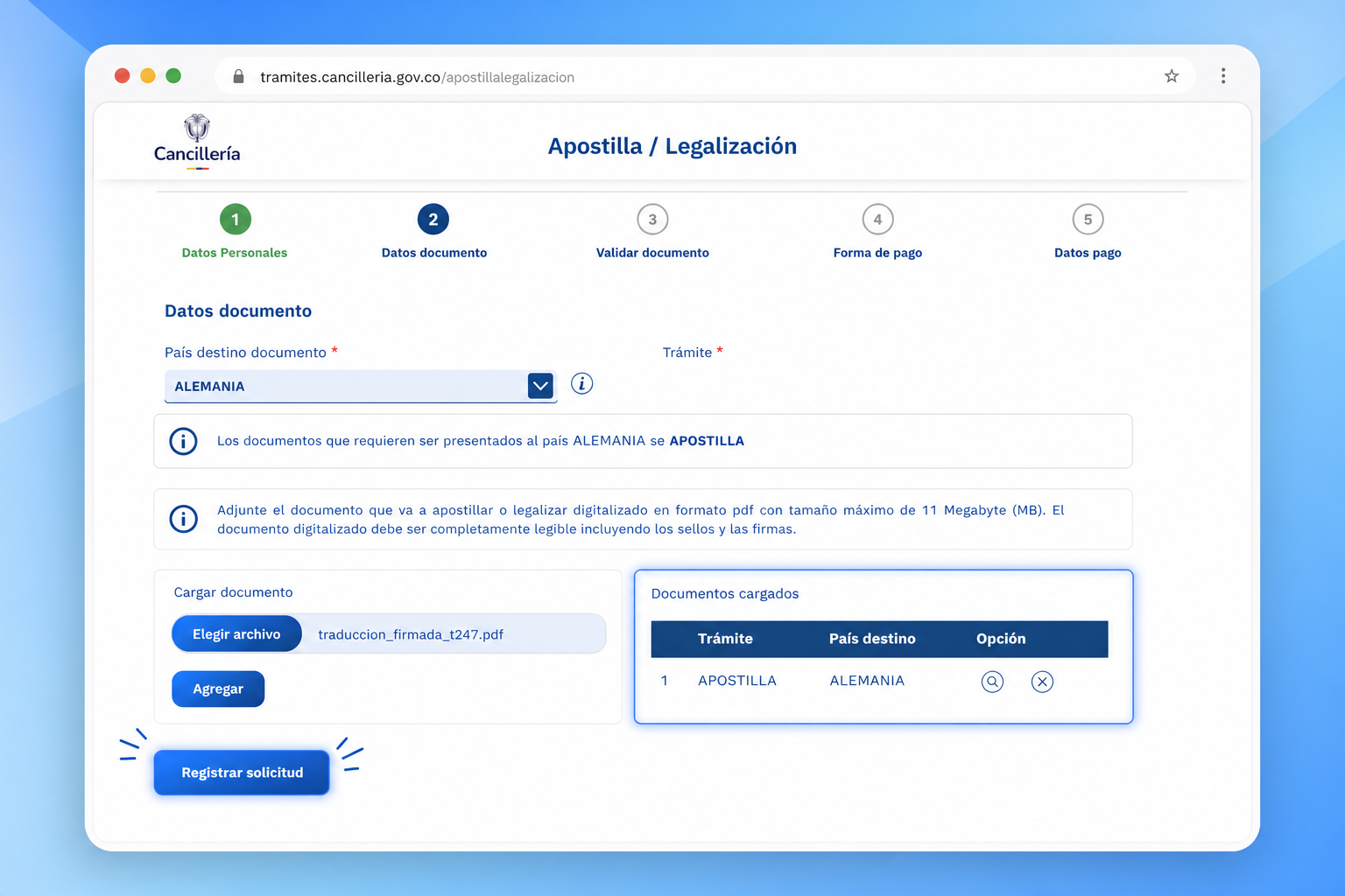 Ingresar código alfanumérico y confirmar solicitud