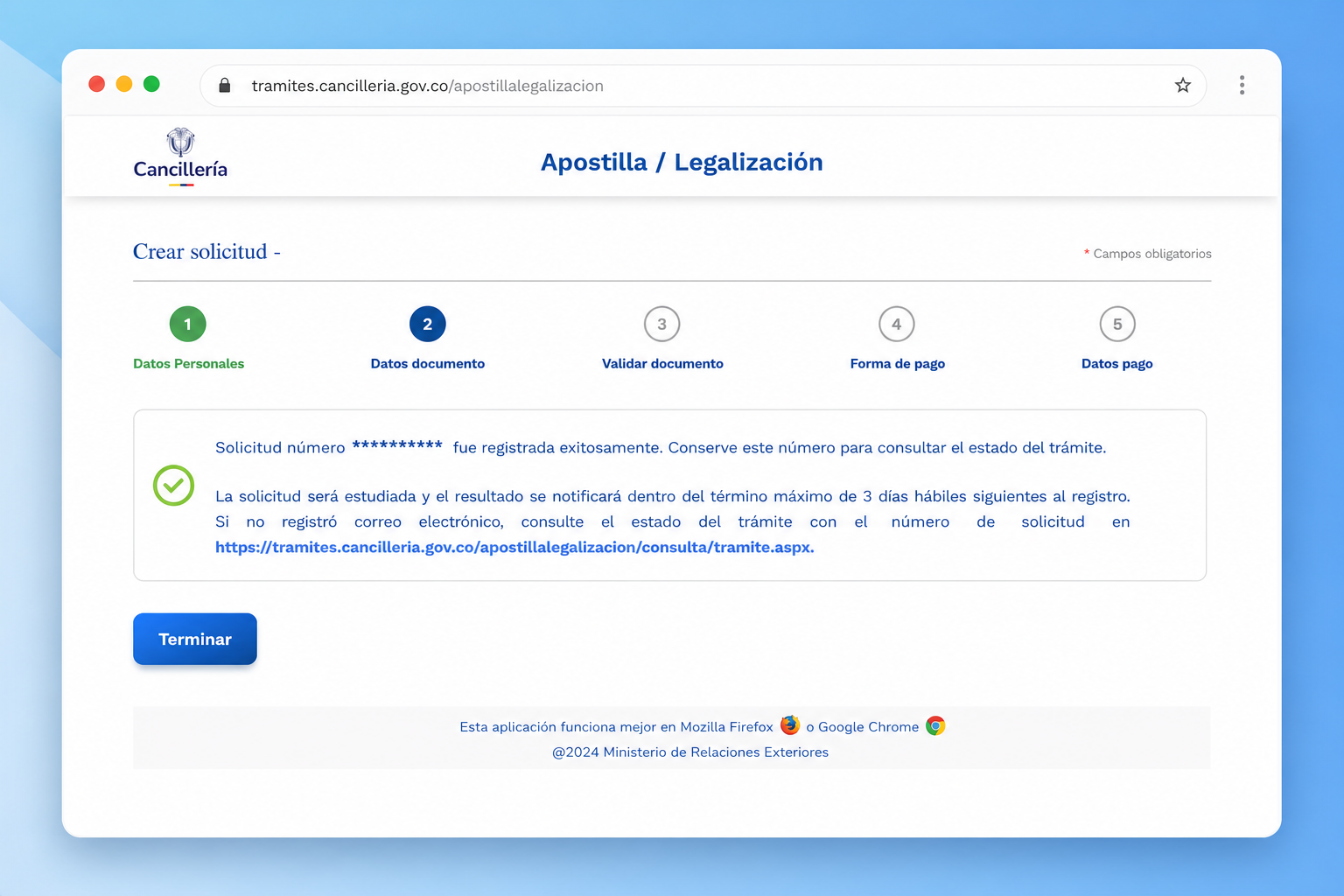Confirmacion exitosa de la solicitud de apostilla